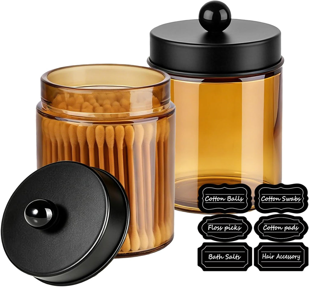 Amolliar Glass Apothecary Jar Qtip Holder w/Metal Lids, Amber-Black, 2pc