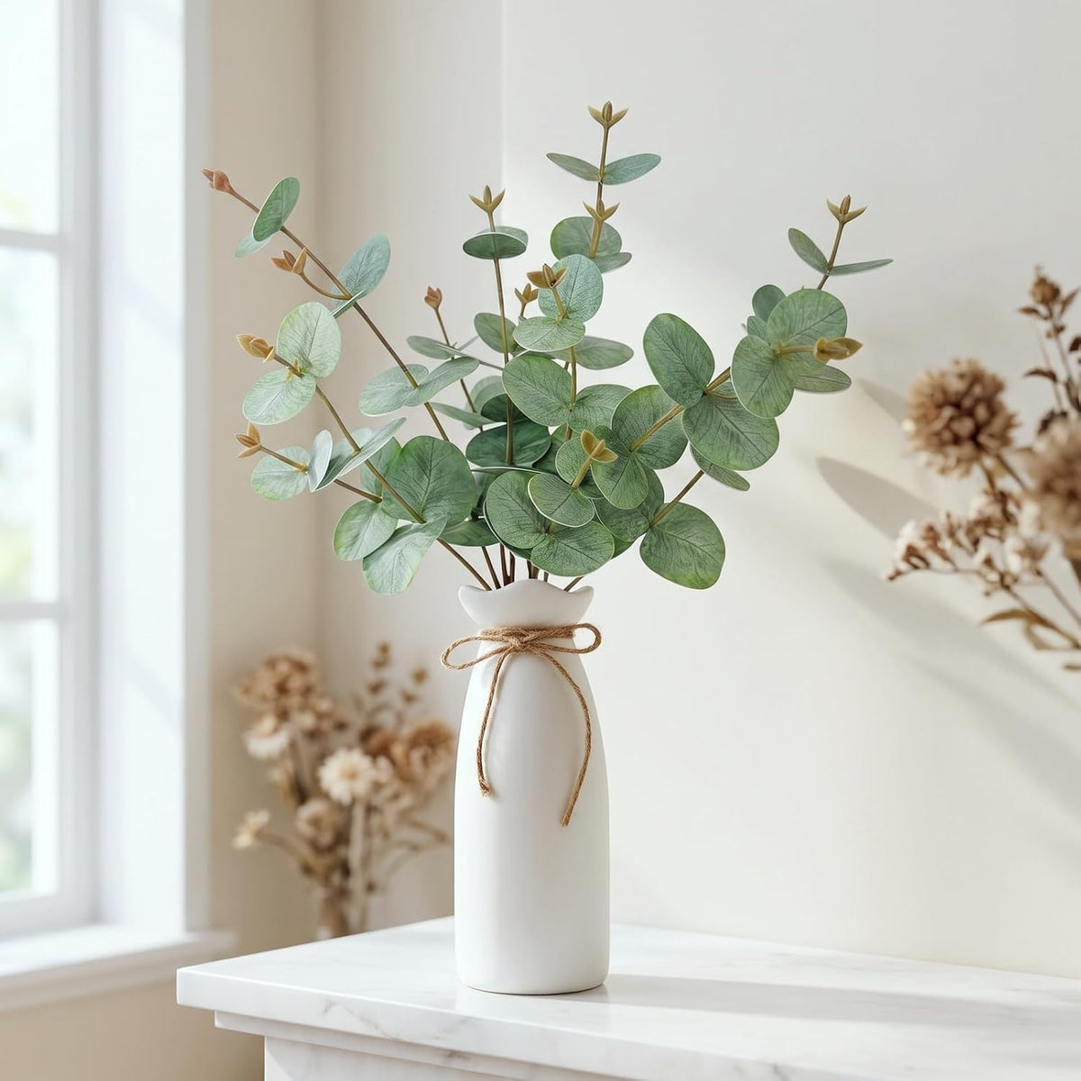 Artificial Eucalyptus Stems with Vase, 18" Fake Plant Greenery Branches Golden Leaves Faux Eucalyptus Stems for Home Office Farmhouse Wedding Table Centerpiece Décor