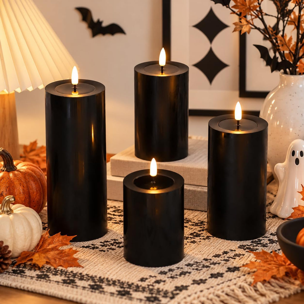 Lezonic Black Flameless Candles with Remote, LED Battery Operated Flickering with Timer, 4 Pack Glossy Wax Drips Design Real Wax Pillar for Halloween Decor, Centerpiece, Birthday Gifts (4/5/6/8 Inch)