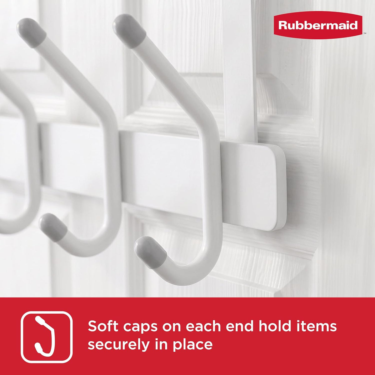 Rubbermaid Over the Door Hook Rack with 5 Double Hooks, No Drill Needed, for Towels, Robes, Hanging Accessories in Bathroom, Bedroom, Closet, Dorm, White