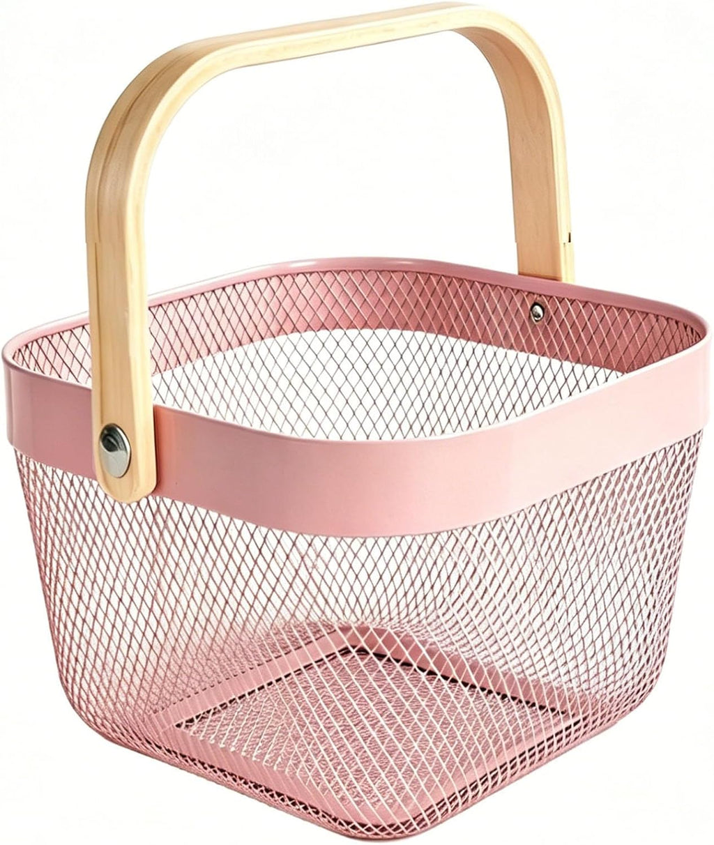 AJIODA Metal Mesh Wire Basket, Small Steel Basket with Wooden Handle Storage Organizer Basket Multi-functional Hanging Kitchen Baskets Fruit Baskets for Kitchen Bathroom Cabinet Pantry, Rose Pink