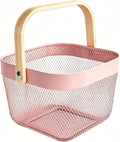 AJIODA Metal Mesh Wire Basket, Small Steel Basket with Wooden Handle Storage Organizer Basket Multi-functional Hanging Kitchen Baskets Fruit Baskets for Kitchen Bathroom Cabinet Pantry, Rose Pink