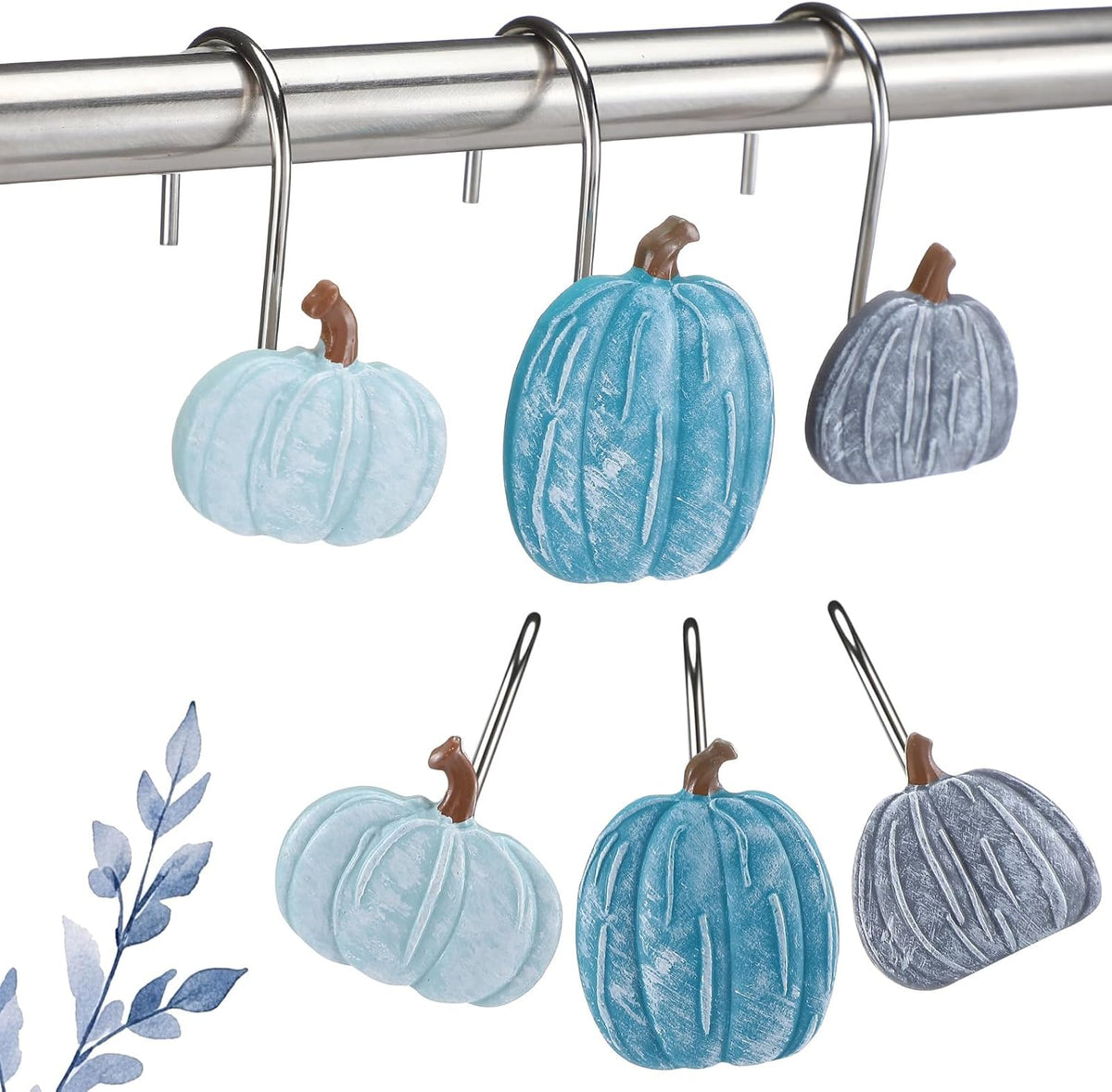 Weysat 12 Pcs Blue Pumpkin Fall Shower Curtain Hooks Bathroom Decor