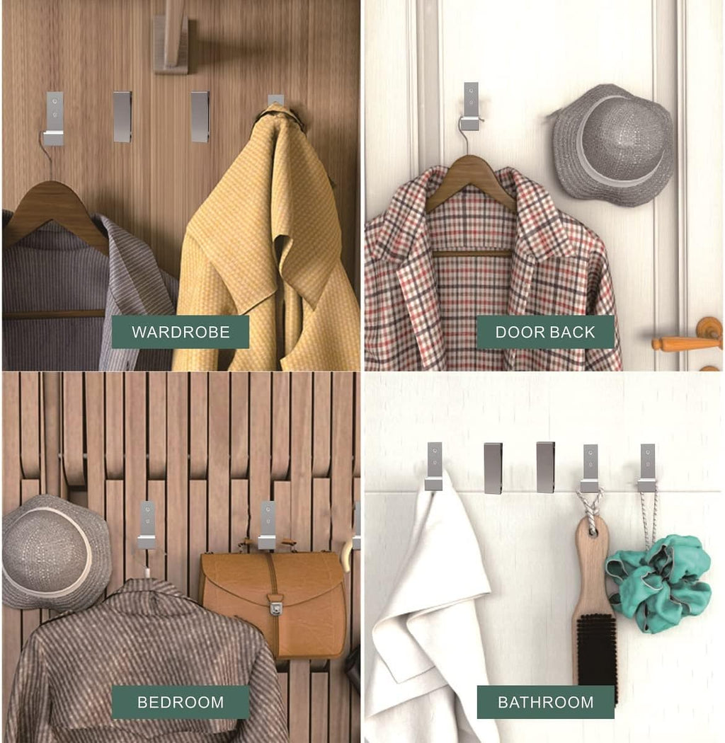 Wall Hooks for Hanging Folding Coat Hooks 6 Pack Heavy Duty Wall Mounted Hook Hangers for Key Coat Towel Hat Bag Backpack Headphone in Door Bathroom Closet with Adhesive Screws (Silver)