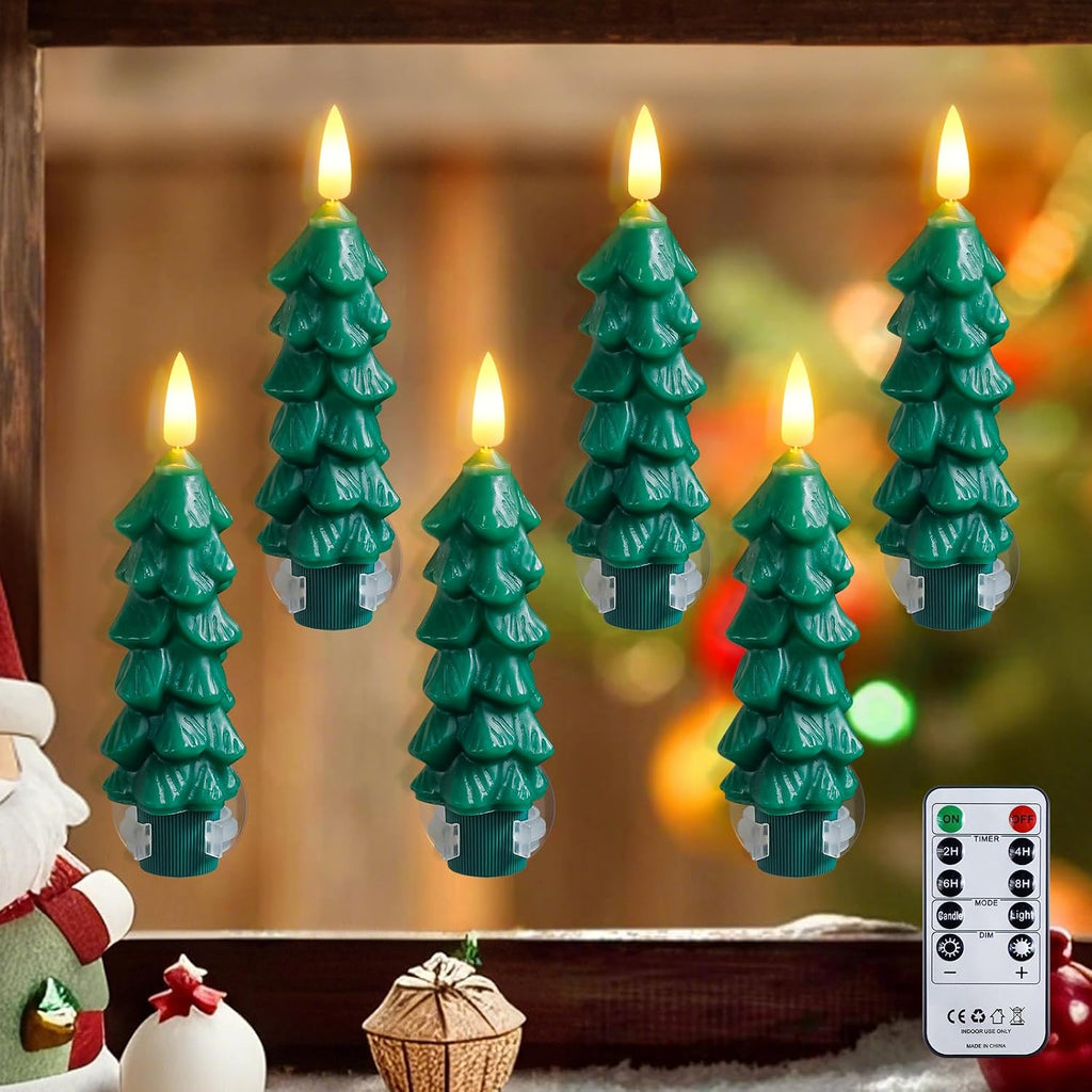 6pcs Tree Shaped Flameless Real Wax Green Taper Candles with Remote and Timer, 0.78" x5" Window LED Flickering Battery Operated for Festival Decor (Suction Cups Included)