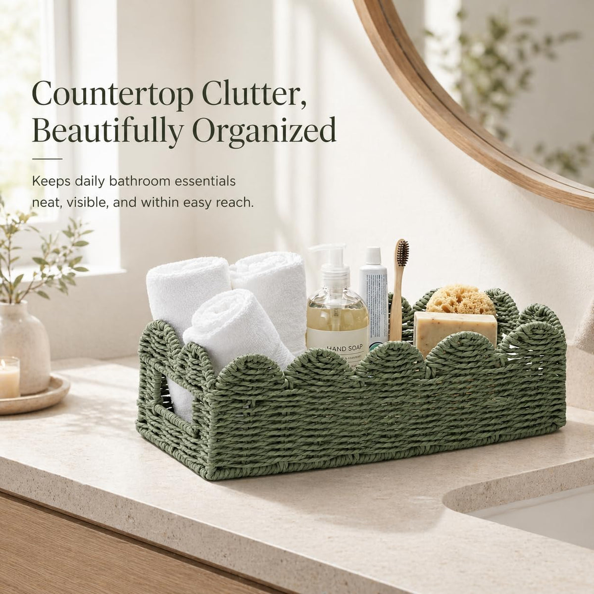 Sage Green Scalloped Basket, Toilet Tank Tray, Back of Toilet