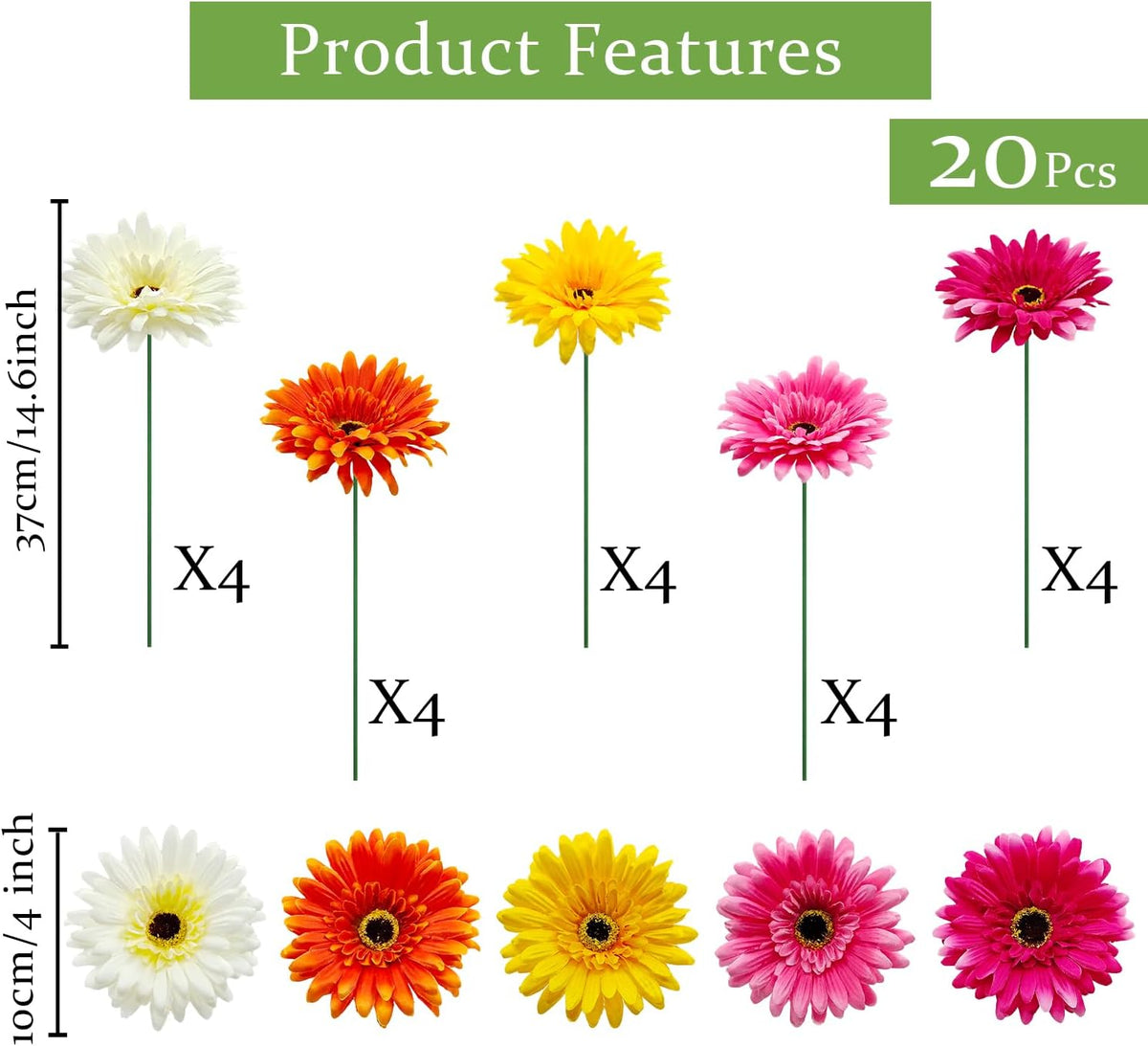 20 Pcs Fake Silk Gerbera Daisy Artificial Flowers with Stems Faux Daisies Flower Bulk for DIY Art Crafts Home Wedding Party Vase Centerpieces Tables Garland Wreath Decoration (Multi Color)