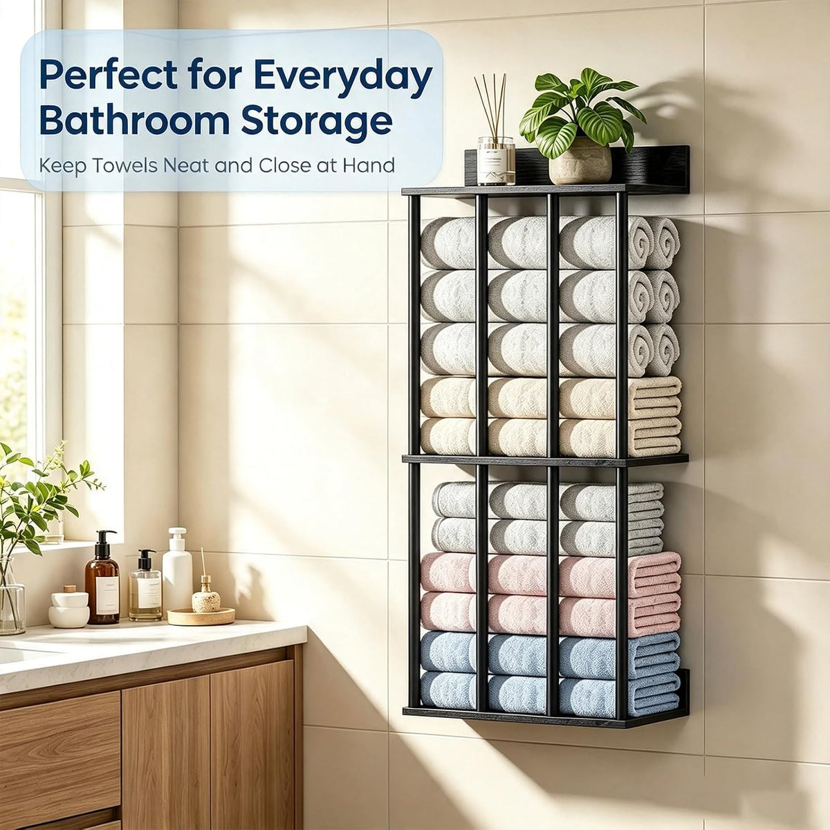 Wall Mounted Towel Rack, Wood & Metal Towel Holder for Bathroom Wall