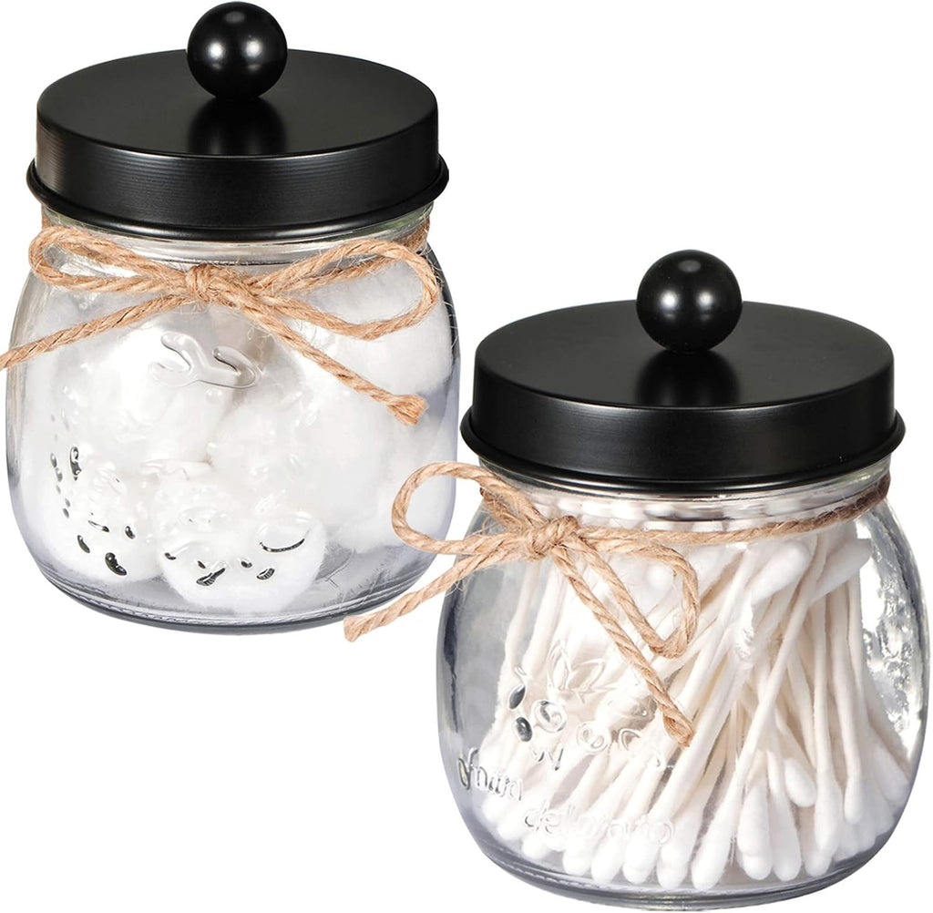 SheeChung 2 Pack Glass Mason Jar Qtip Holder, Black Stainless Steel Lids
