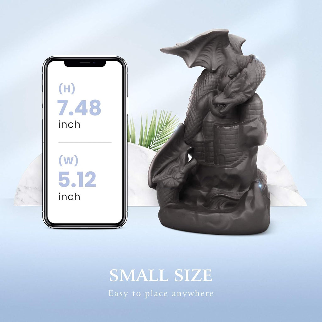 Ceramic Dragon Backflow Incense Holder Waterfall Incense Burner, Smoke Incense Holder, with 70 Backflow Incense Cones + 50 Incense Stick, 1 Mat, 1 Tweezers Home Decor (Brown-Light Dragon)