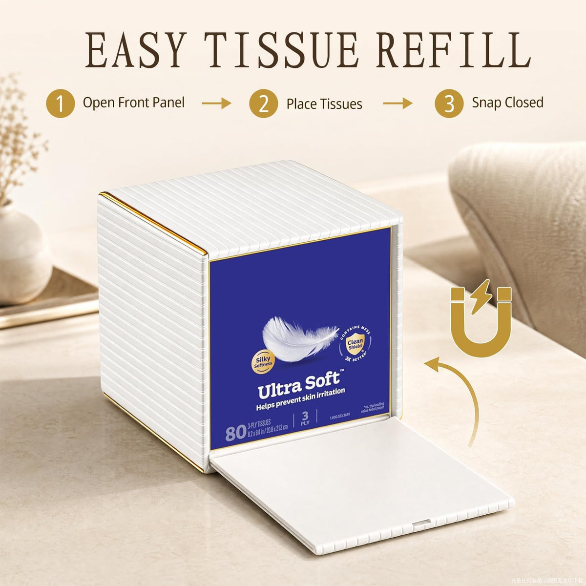 White Tissue Box Cover Square,Cube Tissues Holder with Gold Edging