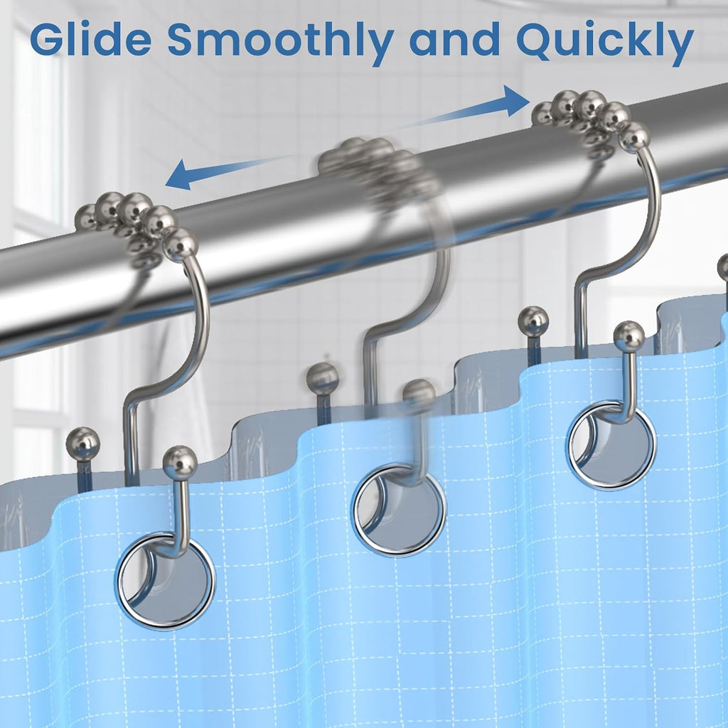 Brushed Nickel Shower Curtain Hooks Double Sided with Roller Balls