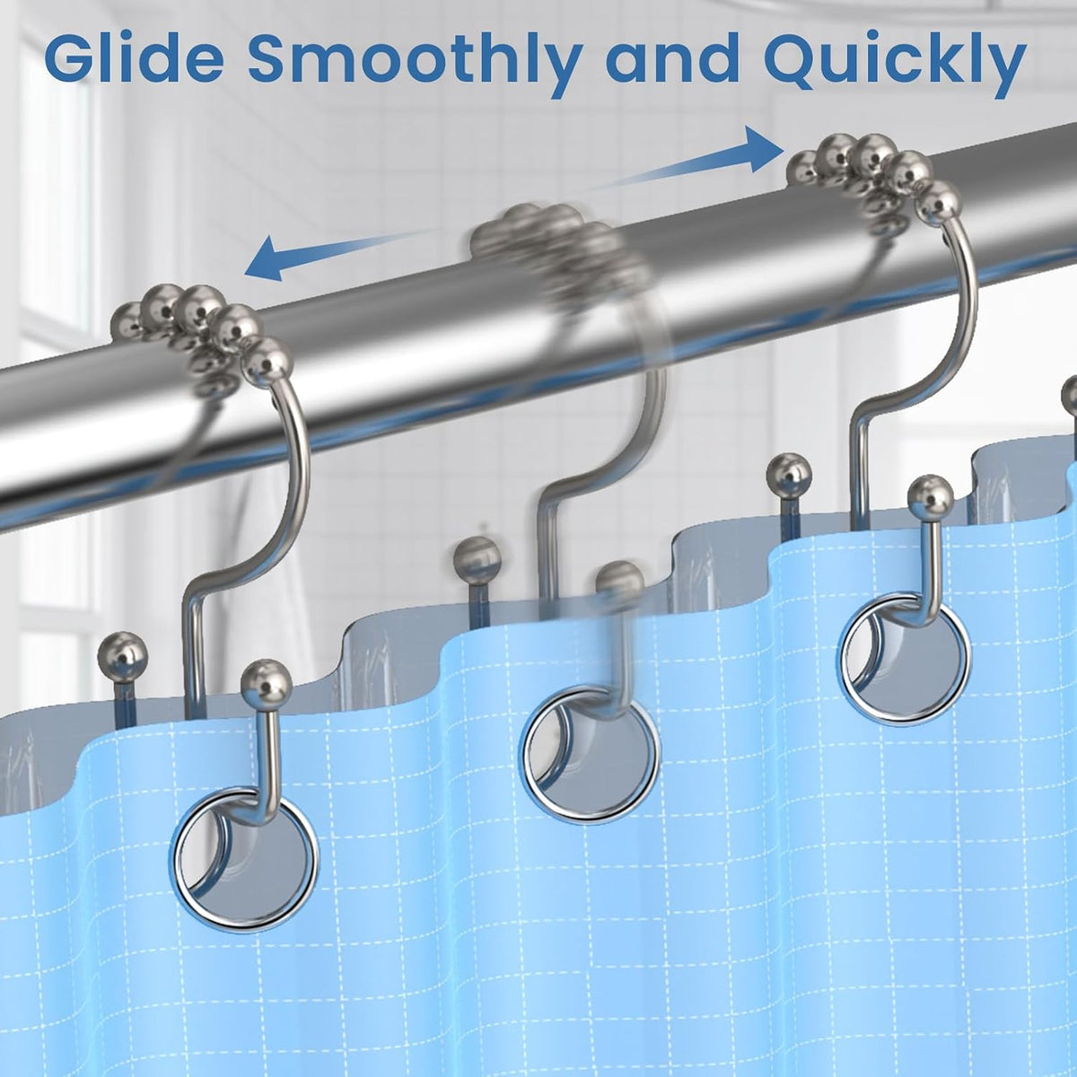 Brushed Nickel Shower Curtain Hooks Double Sided with Roller Balls