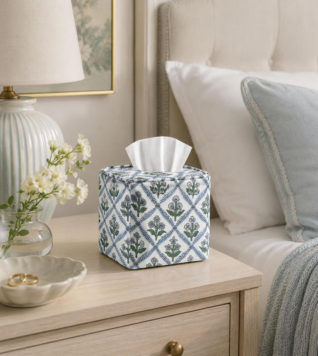 Livelab Cotton Handmade Print Tissue Box Cover – Fabric Decorative Square Napkin Holder, Stylish Tissue Case Facial Paper Cube Cover for Your Home, Officce, Car, Bathroom | Green Flower