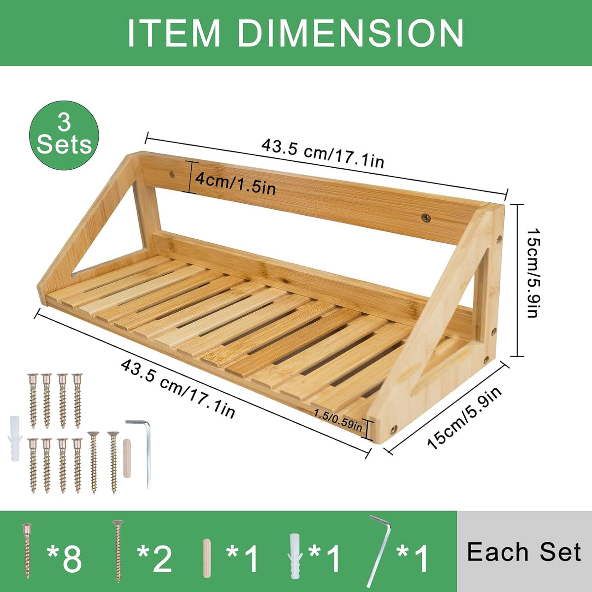 Floating Shelves Wall Mounted 3 Pcs Bamboo Wall Hanging Rack Holder