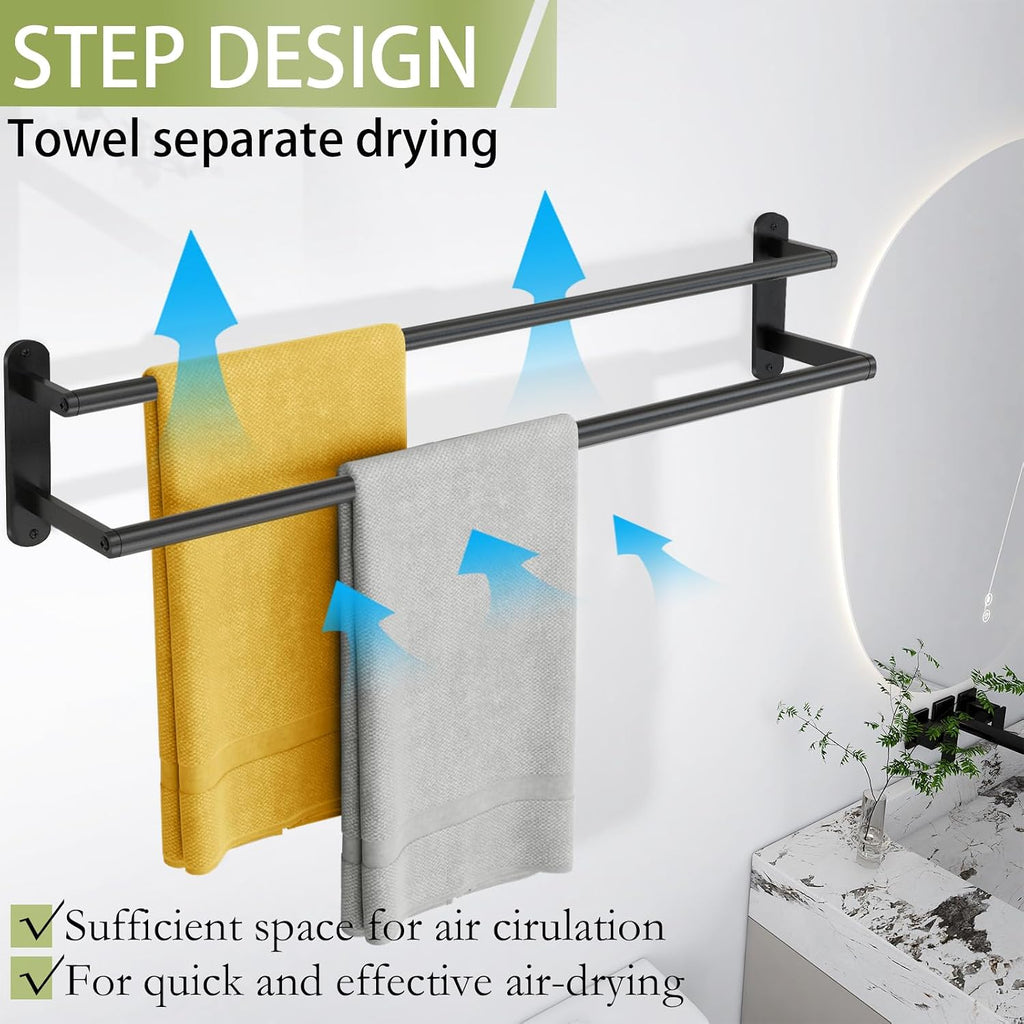 Double Towel Bar 32 Inch, Towel Racks for Bathroom, Wall Mount Bathroom Towel Holder, Stainless Steel Bathroom Towel Rack, Towel Rod Double Towel Hanger(Matte Black)