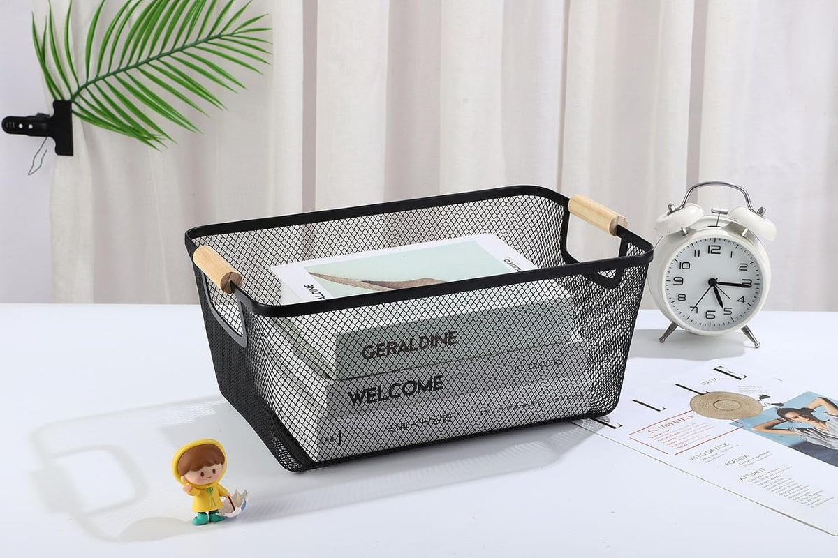 AJIODA Metal Mesh Steel Basket, Large Wire Storage Organizer Basket Multi-function Hanging Kitchen Baskets with Wood Handle for Kitchen Bathroom Picnic Home, Rectangle-Black