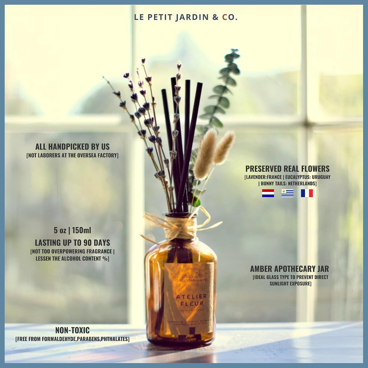 Reed Diffusers - Oil Sticks Diffuser Set with Real Dried Flowers - Reed Diffusers for Home, Bathroom & Office | Air Freshener Fragrance Sticks for Shelf Decor & Gifts By Le Petit Jardin & Co.