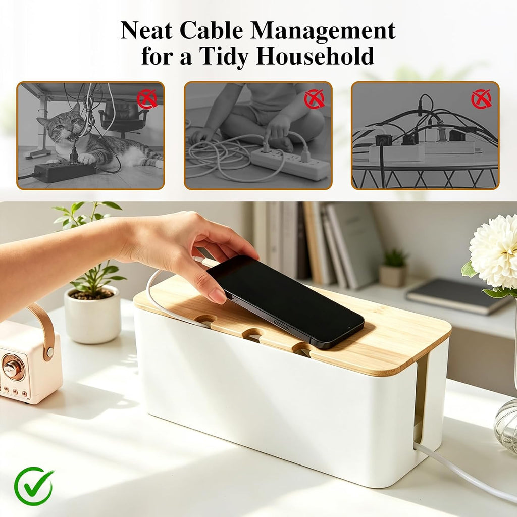 2Pack Cable Management Box,Wooden Style Cord Organizer Cord Hide Box,White