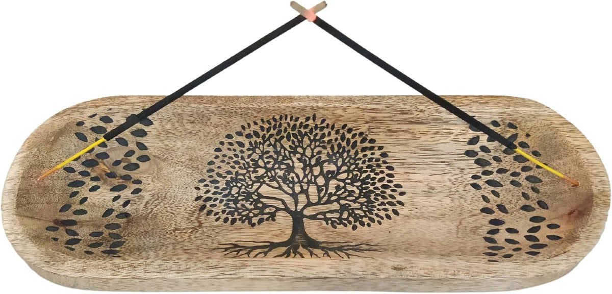 VANIYA CRAFTS® Wooden Handmade Tree of Life Design Boat Shape Incense Holder Stand Insence Tray for Home Decor Restaurant (11X4, Natural Black)