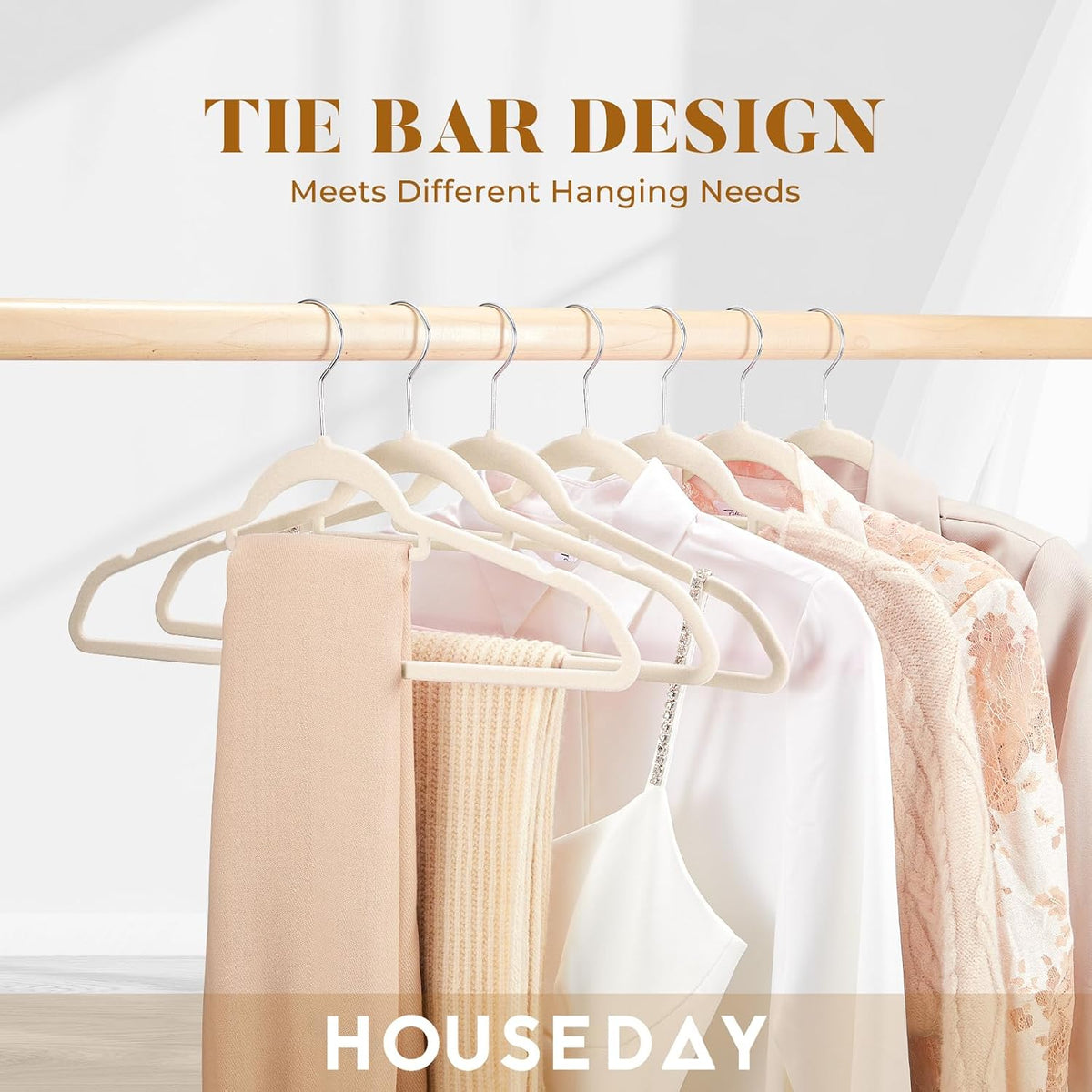HOUSE DAY Velvet Hangers with Tie Bar 60 Pack, Clothes Hanger Non-Slip