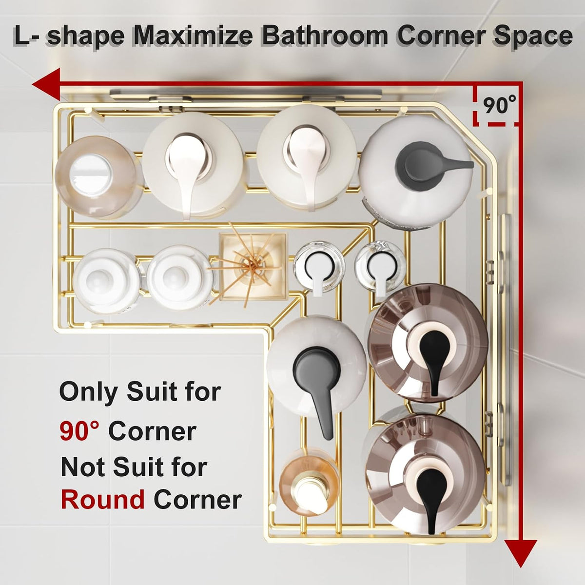 Liuoud Corner Shower Caddy, 5 Pack Adhesive Stainless Steel Organizer, Gold