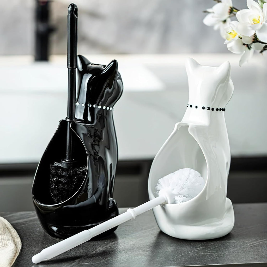 Cat Toilet Brush Holder - Ceramic Whimsical Feline Design with Wide-Mouth Storage, Black Toilet Bowl Brush and Holder Set Cute for Bathroom Ground, Easy-Clean Cat Lover Gift (White)