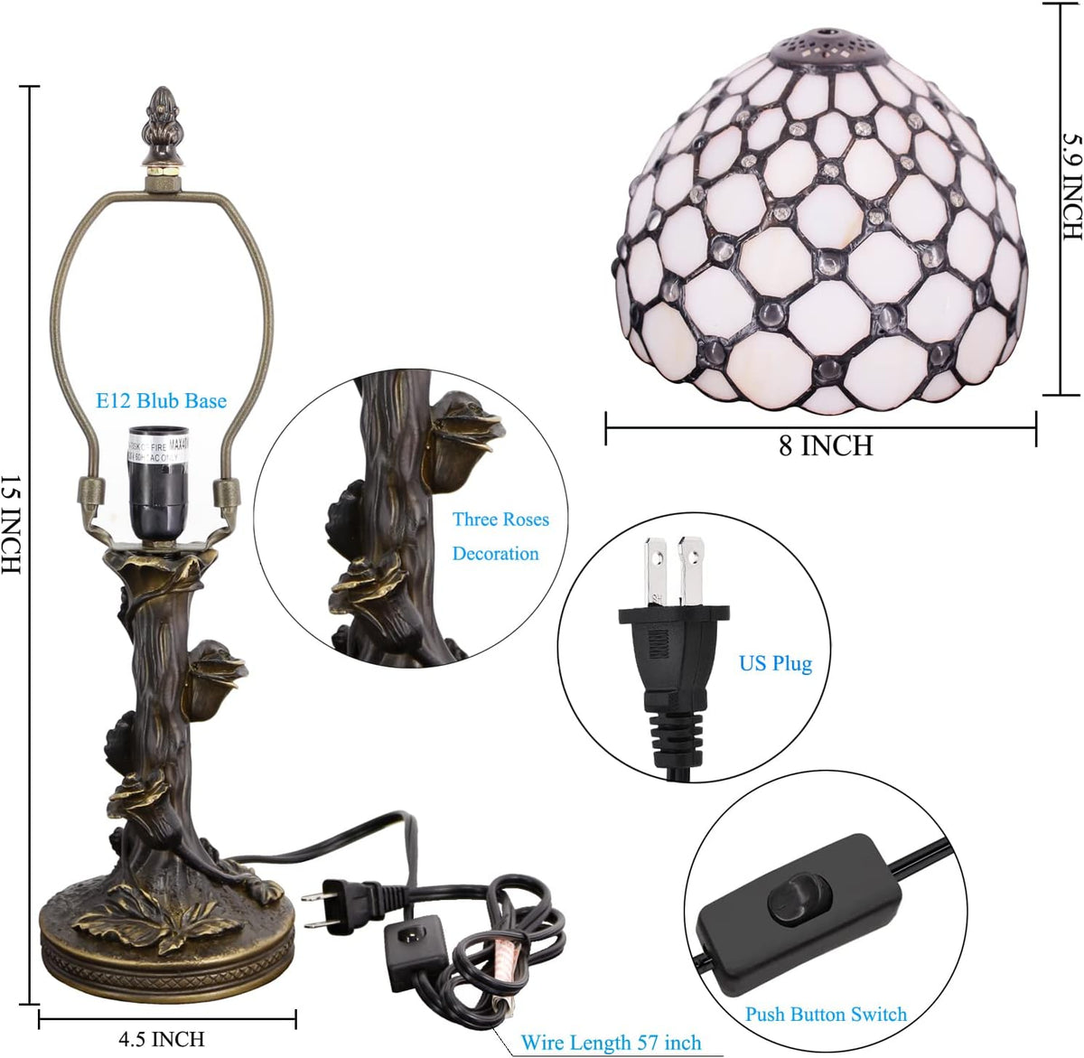 Tiffany Lamp Stained Glass Table Lamp White Crystal Pearl Bead Style