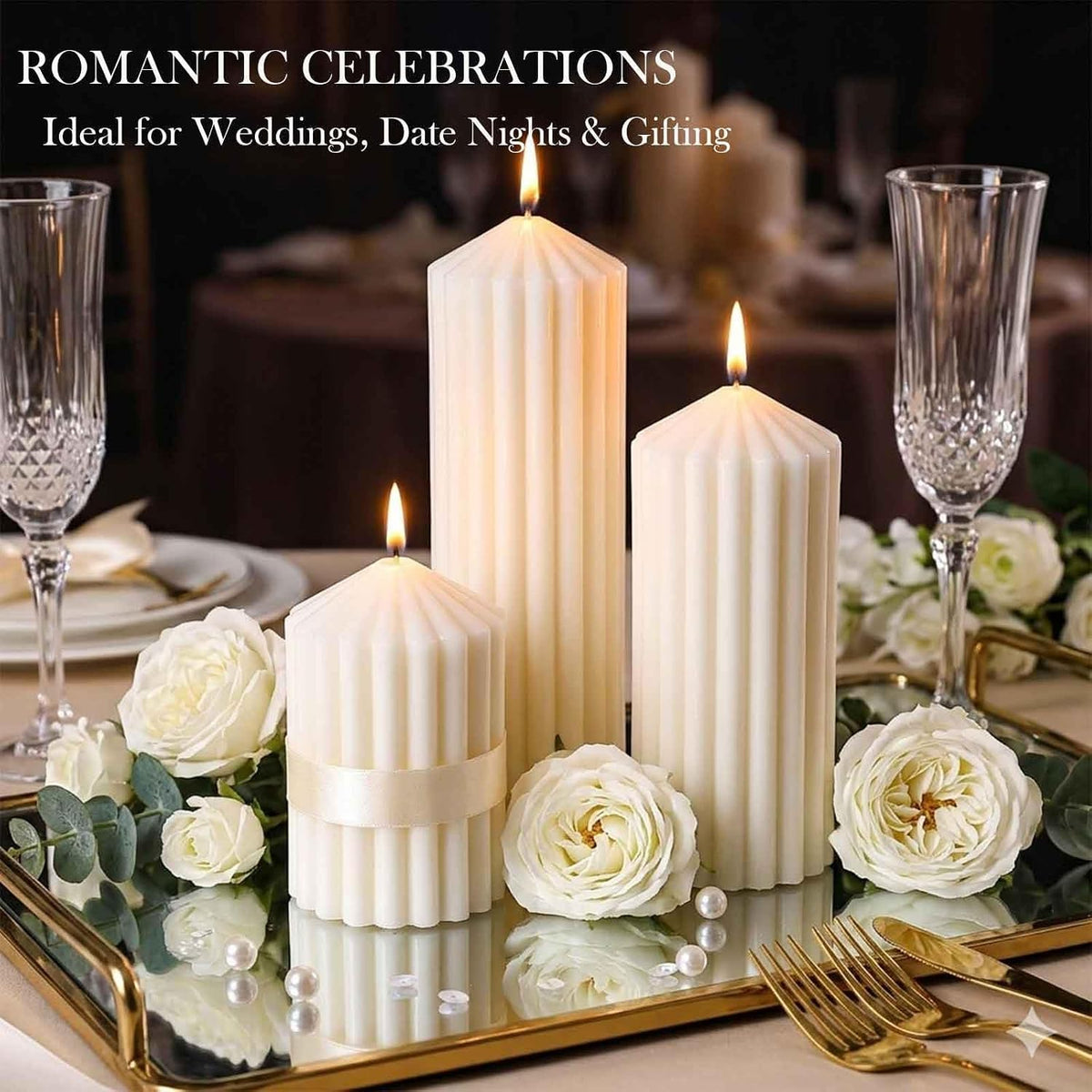 Cream White Ribbed Decorative Pillar Candles, 3 Pack,2.8 x 4/6/8 in,Soy Wax
