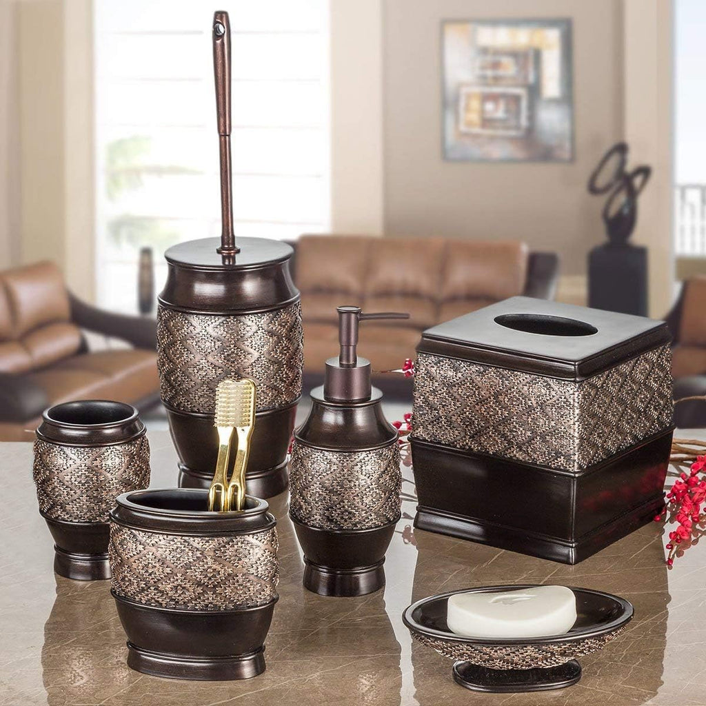 Creative Scents Dublin Brown Small Bathroom Trash Can with Lid - 1.3 Gal / 4.8L Decorative Oval Waste Basket - Durable Resin Garbage Can for Bathroom, Bedroom, Office Decor - Mini Wastebasket Bin