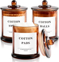 3 Pack Glass Qtip Holder Dispenser with Lids, Airtight Waterproof, 16 Oz Vanity Organizer Bathroom Canisters for Cotton Swabs, Balls, Pads, Floss Picks, Restroom Bedroom Kitchen Storage Jars, Amber