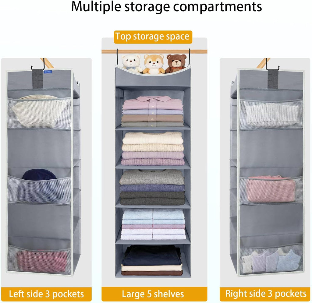 5-Shelf Hanging Closet Organizer and Storage with Side Pockets, Collapsible Closet Hanging Shelves for Storage, Grey