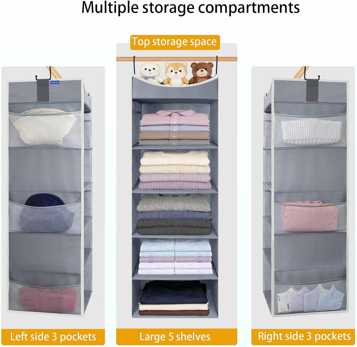 5-Shelf Hanging Closet Organizer and Storage with Side Pockets, Collapsible Closet Hanging Shelves for Storage, Grey