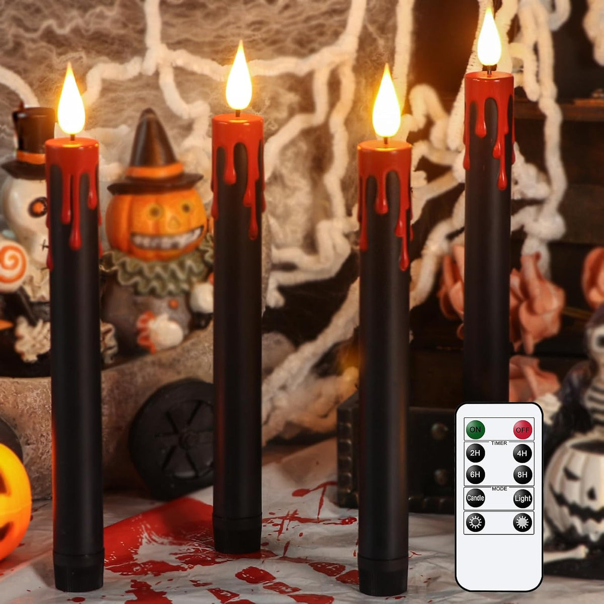 Halloween Black Flameless Taper Candles Battery Operated with Remote Timer