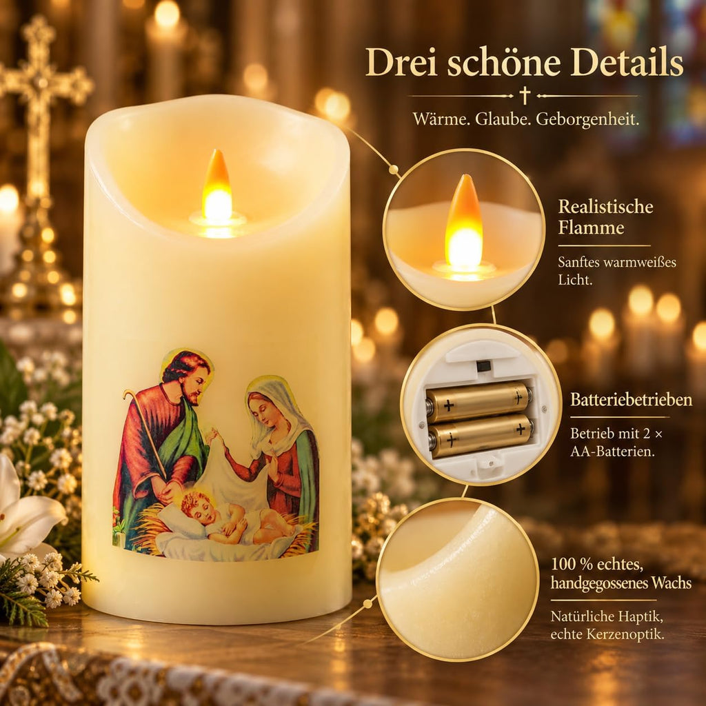 QQFCTOO LED Prayer Flameless Candle with Remote Timer, Battery Powered Candle, Religious Candle, Real Wax, for Home Altar, Church, Devotional ，6" x 3.2"(Holy Family Statue)