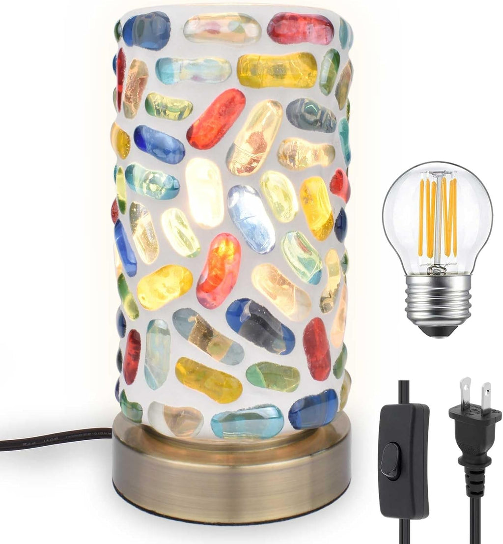 Handmade Turkish Mosaic Table Lamp, Cylinder Stained Pebbles Glass Pieces Nightlight with Antique Brass Base, Colorful Boho Accent Lamp for Bedroom, Living Room, Meditation Decor, LED Bulb Included