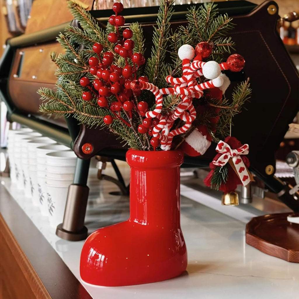 Red Boot Christmas Vase, 8 Inch Ceramic Decorative Vases for Home Decor