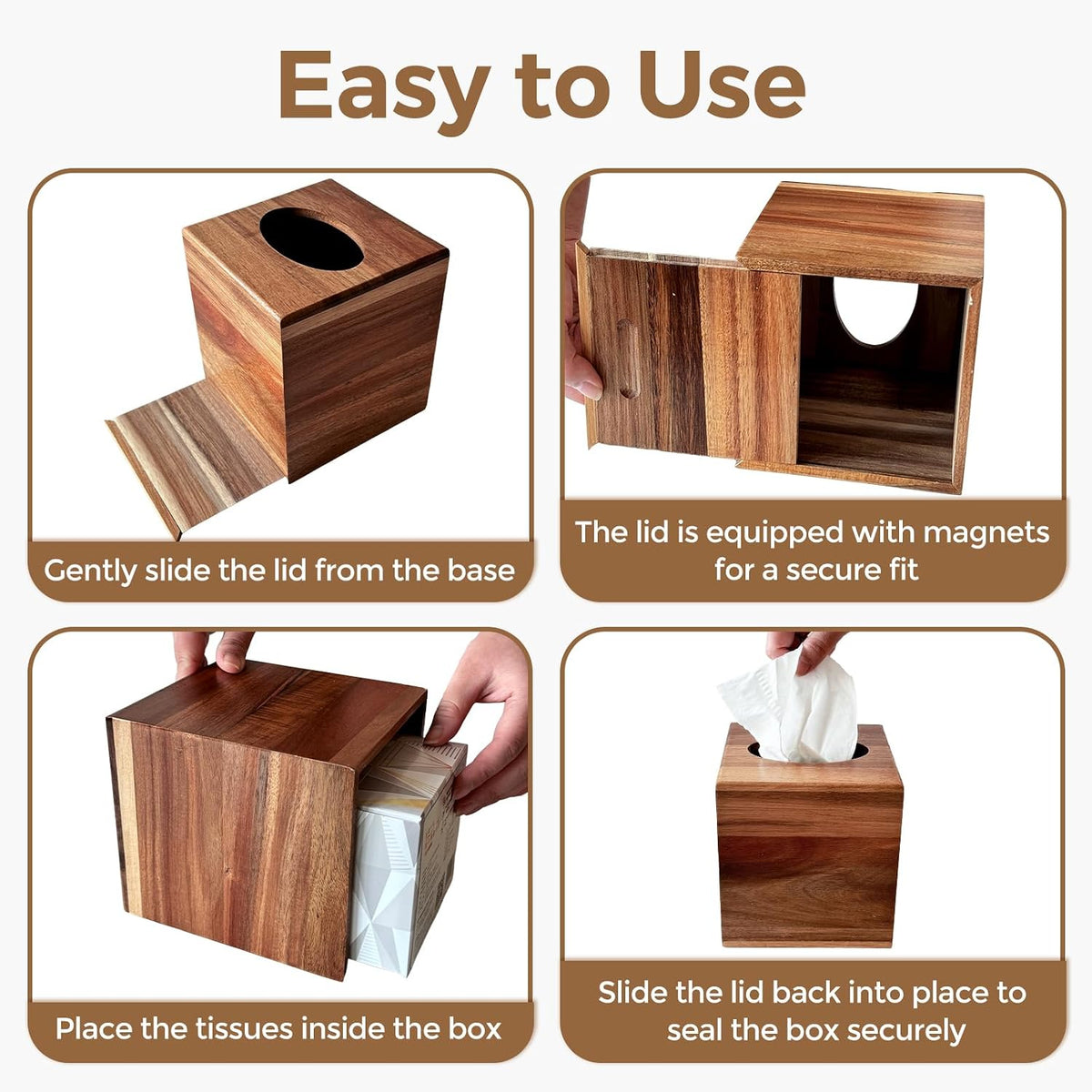 Acacia Wood Tissue Box Cover, Square Wooden Tissue Box Holder, 2 Pack