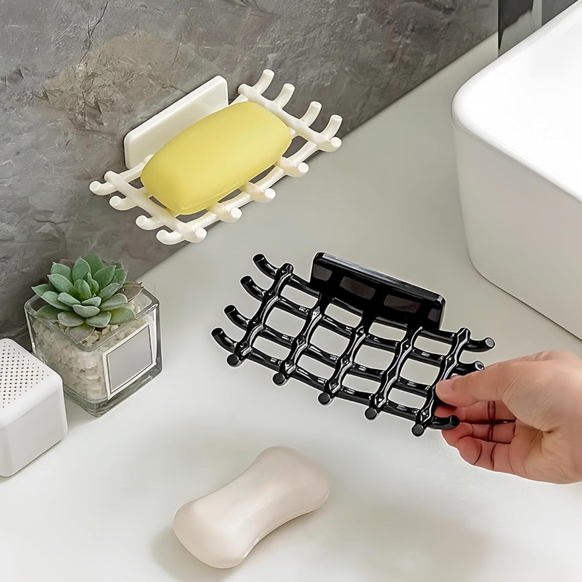 Soap Holder Soap Dish with Hooks Razor Holder Adhesive Bar Soap Holder No Drilling Soap Saver Tray for Shower Wall Bathroom Organizer Shower Rack Bathtub Sink (Black+White)