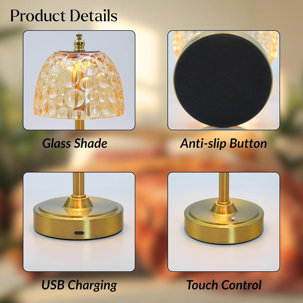 Cordless Rechargeable Table Lamp, Vintage Art Glass Shade, Dimmable, Brown