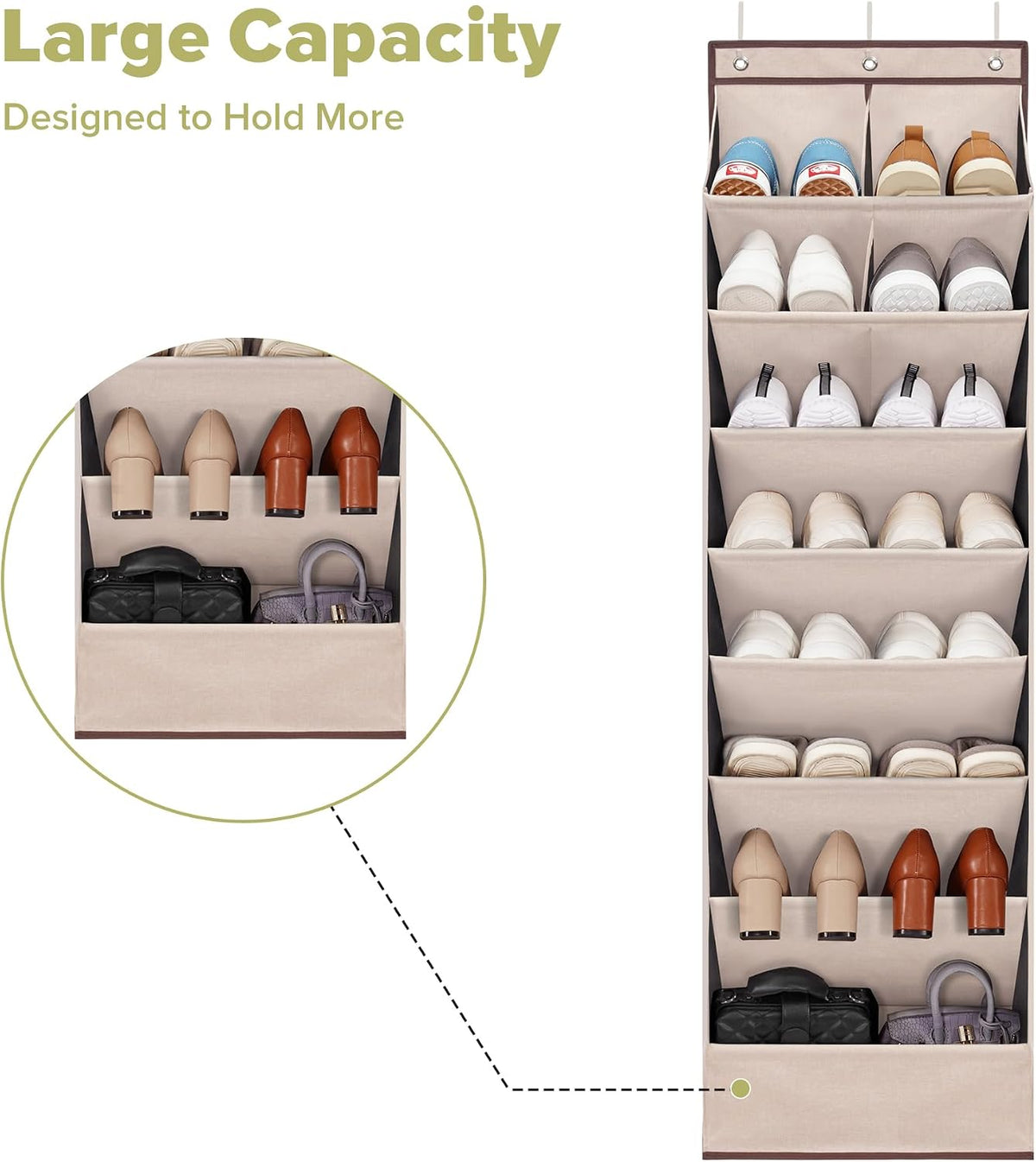 6 Pack Shoe Organizer with 6 Extra Large Pockets and 4 Large Pocket, Over the Door Sturdy Closet Storage Rack, Hanging Shoe Organizer for Shoes, Sneakers, Beige