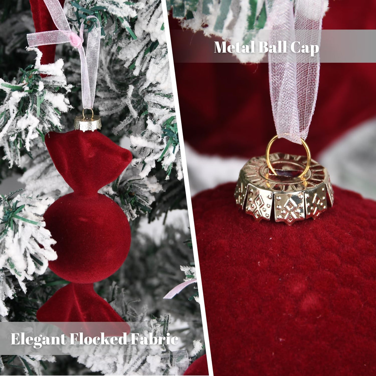 Velvet Ornaments for Christmas Tree Decorations - Burgundy Flocked Christmas Ornament Set for Winter Holiday Decor - Shatterproof Xmas Balls Ornaments Bulk - Pack of 24