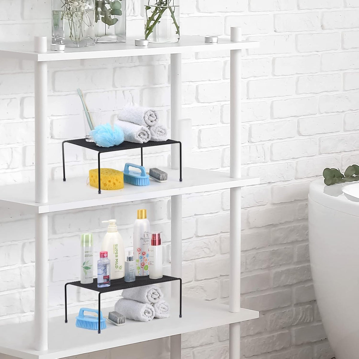 SIBAO Set of 4 Mesh Kitchen Shelves Cabinet Storage Shelf Rack (13.1 x 10.2 Inch) ，Kitchen Bathroom Pantry Cupboard Desk Home Office, Fridge, Non-Slip Plastic Feet (4, Black)