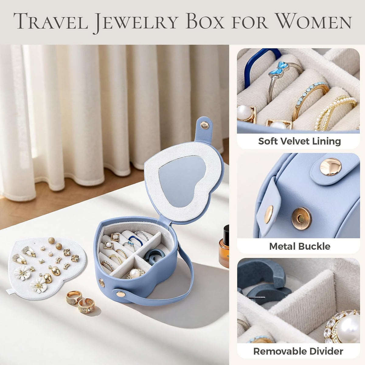 CASEGRACE Small Travel Jewelry Case, Elegant Heart Shaped Design with Detachable Handle,Portable Jewelry Organizer Box for Necklace Rings Earrings,Jewelry Storage for Women Girls (Blue)