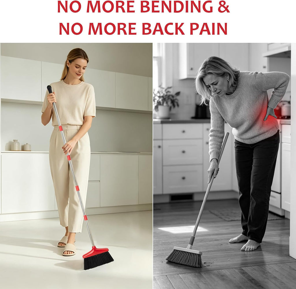 Broom and Dustpan Set,54.72"Long Handle,Standing Dustpan,Black&Red