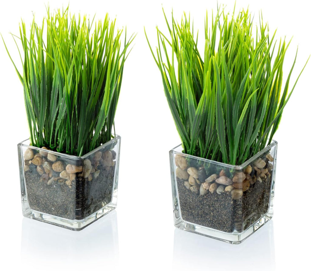 MyGift Set of 2 Artificial Grass Plants in Square Glass Pots with Pebbles