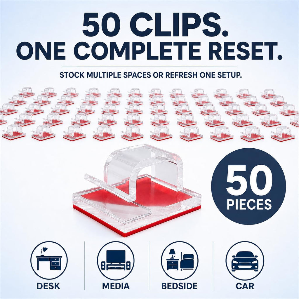 50 Pack Clear Adhesive Cable Clips - Invisible Wire Organizer & Cord Holder for Glass Desk, Wall & Home