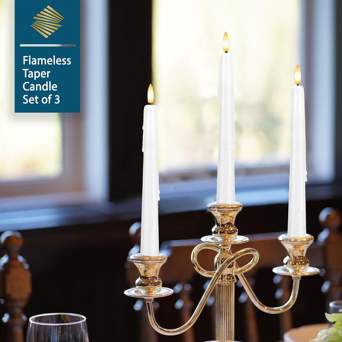 Dripless Flameless Taper Candles with Remote, Real Wax Battery Operated LED Candles Set with 3D Flickering Flame, 3Pcs White 9.6" Realistic Candlesticks as Mothers Day Gifts, Gifts for Mom