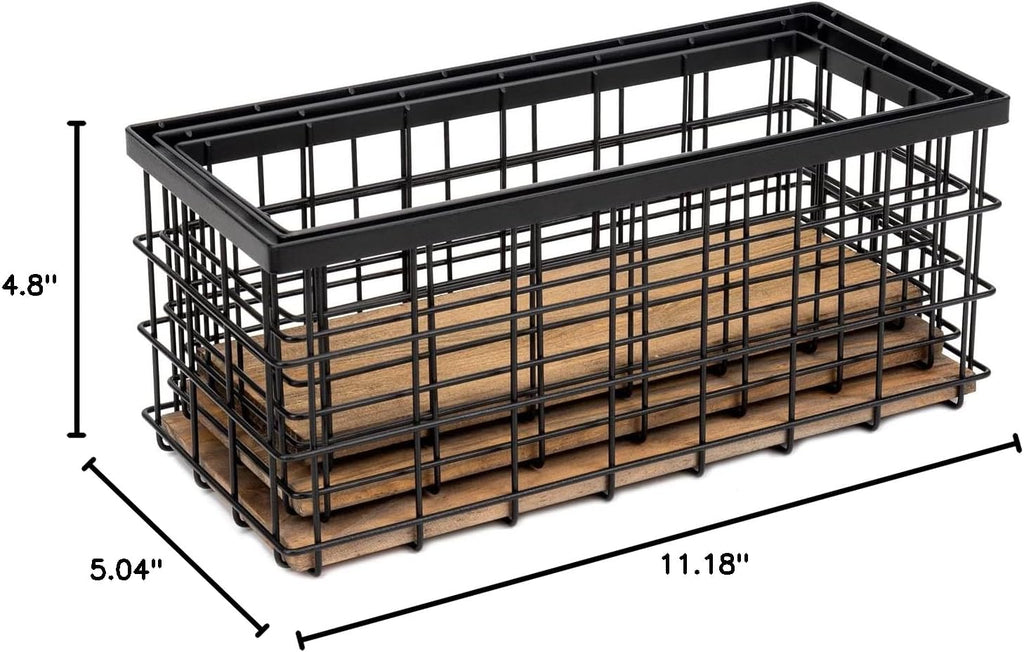 TIEYIPIN Farmhouse Decor Metal Wire Storage Baskets, Wood Base Containers Organizing Basket Caddy Bin for Kitchen Cabinets, Bathroom, Pantry, Garage, Laundry Room, Closets - Small - Black (Set of 3)