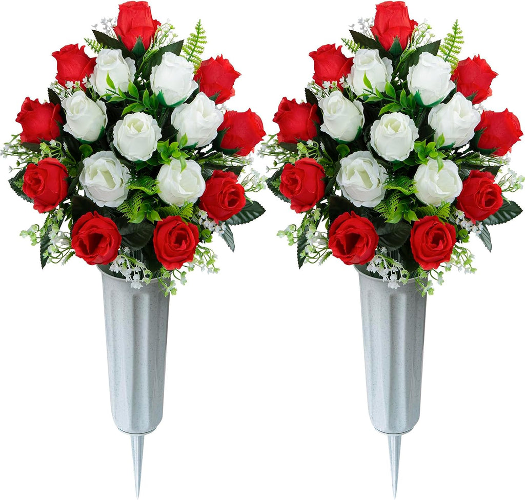 Set of 2 Artificial Cemetery Flowers with Vase, Artificial Grave Flowers Outdoor Memorial Rose Bouquets for Cemetery Headstone Graveyard Decor (Red White)